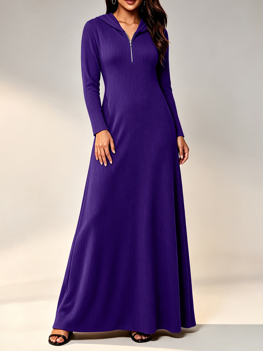 Plus Size - Western Plus Size Women'S Ribbed Hooded Long Dress, Half-Open Zipper Long Sleeve Fitted Flared Casual Floor-Length Skirt - Purple