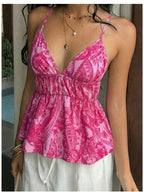 Elegant Exquisite Women's Pink Print Deep V-Neck Spaghetti Strap Elastic Waist Ruffle Hem Sleeveless Top Fashion Temperament Piece for Vacation Beach Party Casual - Red