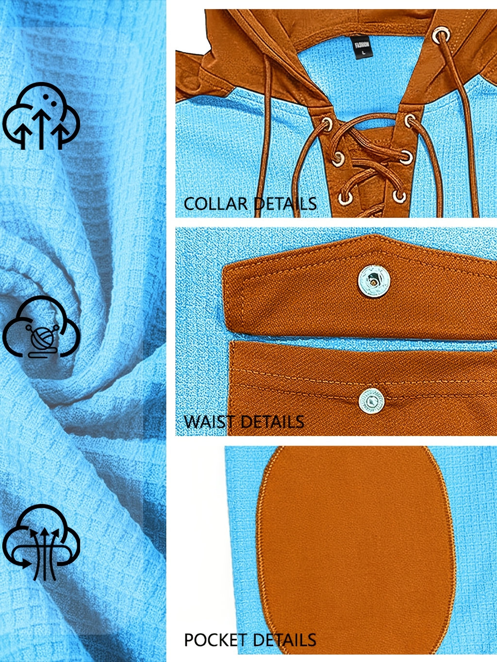[Starry OBM] Men'S Spring/Summer New Fashion Textured Drawstring Hooded Polo Shirt, Men'S Hooded Pullover, Shoulder Panel Design Top, Multifunctional Pocket Design Jacket, Retro Versatile Trendy Fashion Sweatshirt, Men'S Casual Wear, Holiday Gift - Light Blue