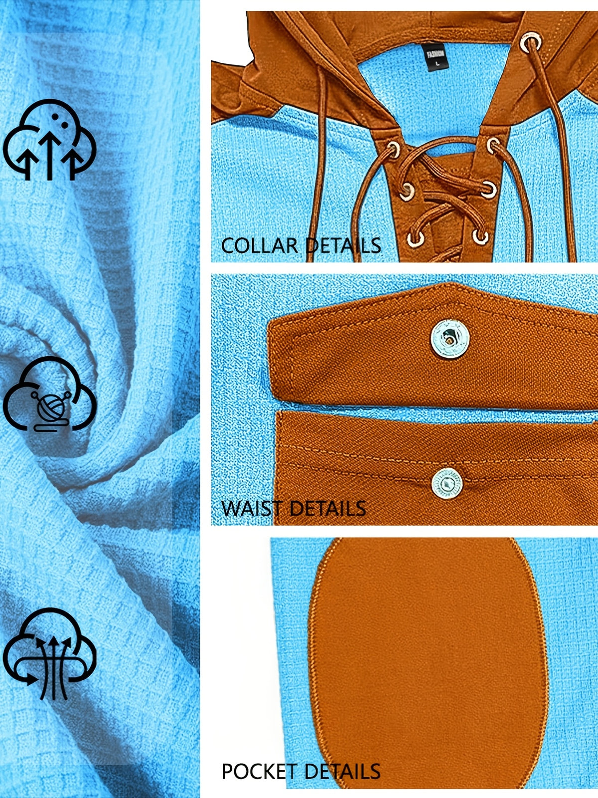 [Starry OBM] Men'S Spring/Summer New Fashion Textured Drawstring Hooded Polo Shirt, Men'S Hooded Pullover, Shoulder Panel Design Top, Multifunctional Pocket Design Jacket, Retro Versatile Trendy Fashion Sweatshirt, Men'S Casual Wear, Holiday Gift - Light Blue