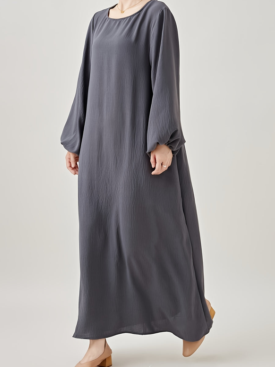 Comfortable & Casual Solid Color Muslim Dress with Bubble Pleats, Elastic Cuffs, and Flowy Hem - Polyester, Machine Washable - Grey