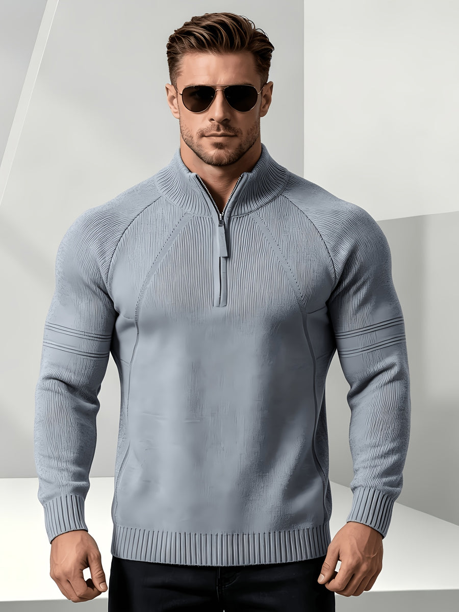 Business-casual Men's Half-zip Knit Pullover, Raglan Sleeve Textured Fabric with Ribbed Cuffs, Loose-fit Sweater, Suitable for Daily Wear, Office, and Weekend Outings in Autumn and Winter - Dark Gray