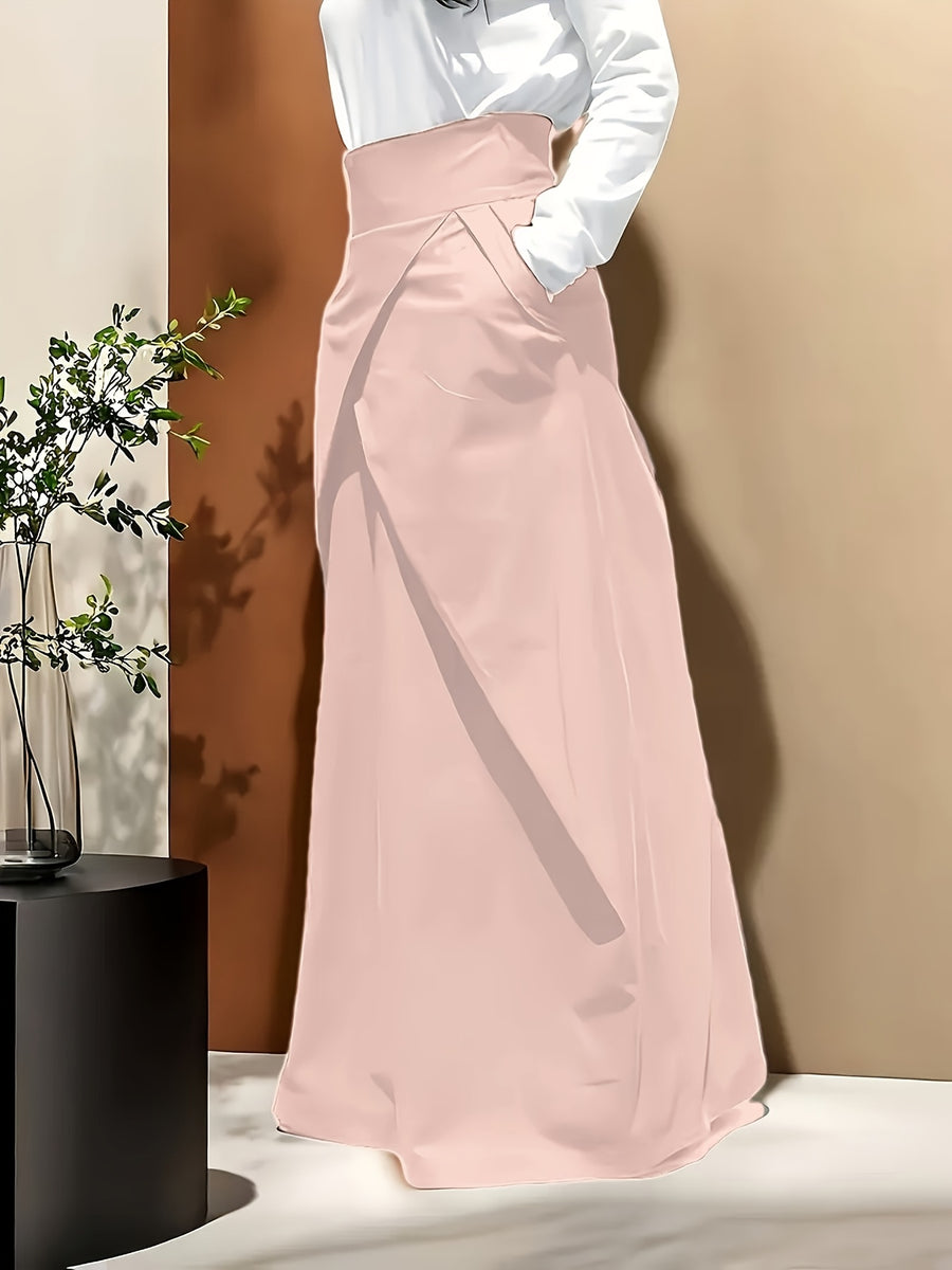 Ladies' Elegant High-Waisted Solid Color Skirt with Elastic Waistband and Pockets - Versatile Midi Summer Dress, Machine Washable, Suitable for Holiday Casual or Office Wear - Beach Outing - Opaque Material - Pink