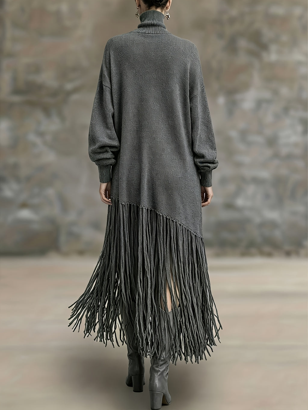 Women's Autumn New Arrival Bohemian Elegant Fringe Patchwork Hem Design St. Patrick's Day Natural Style Easter Atmosphere Vacation Knee-Length Dress - Dark Gray