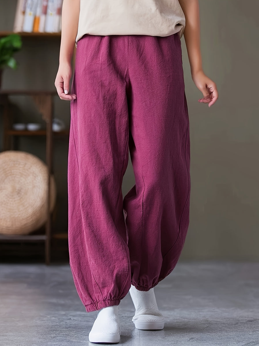 Loose and Breathable Vintage High-waist Tapered Patchwork Casual Wide-leg Long Pants Solid Color Casual Lantern Pants - Burgundy