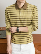2026 Autumn Men's Long-Sleeve Striped Casual Lapel Polo Shirt - Yellowish-brown