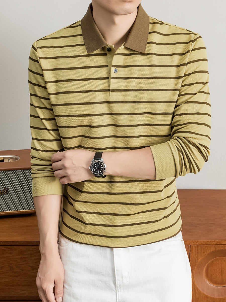 2026 Autumn Men's Long-Sleeve Striped Casual Lapel Polo Shirt - Yellowish-brown