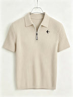 Men's Summer Casual Lapel Outdoor Sports Comfortable Printed Half-Zip Polo Shirt - Apricot