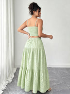 Two-Piece Embroidered Maxi Dress, Bohemian Style with Layered Ruffle Hem. Perfect for Dates, Vacations, Picnics, And Beach Outings. Comfortable And Versatile Women'S Dress - Green