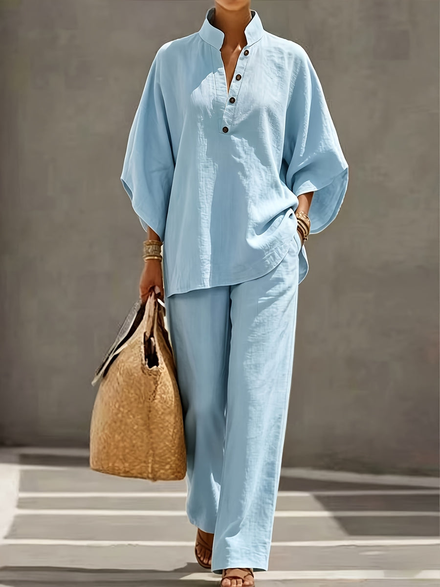 [PLMM] Spring Autumn Winter Women'S Fabric Button Short Collar Fashion Casual Two-Piece Long Pants Set - Light Blue