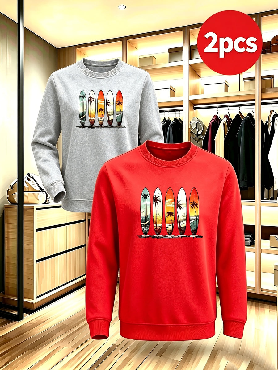2pcs Men'S Fall Winter Thick Fleece Lined Crewneck Pullover, Retro Beach Surfboard Tree Sunset Graphic, Versatile Warm Long Sleeve Top, Daily Commute, Outdoor Activity, Street Style, Friend Meetup - Red+Light Grey