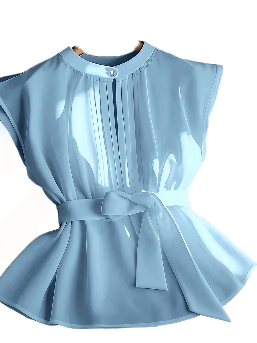 Women'S Elegant Pleated Sleeveless Tie-Up Top, Suitable for Spring And Summer - Lake Blue