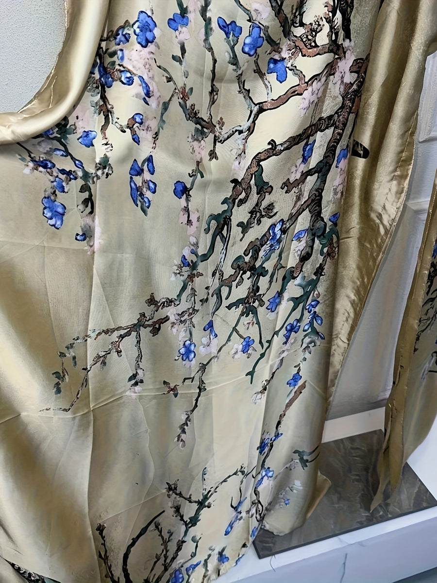 Tree Print Crew Neck Kaftan Dress, Elegant Batwing Sleeve Loose Fit Maxi Dress with A Hijab, Women's Clothing - Khaki