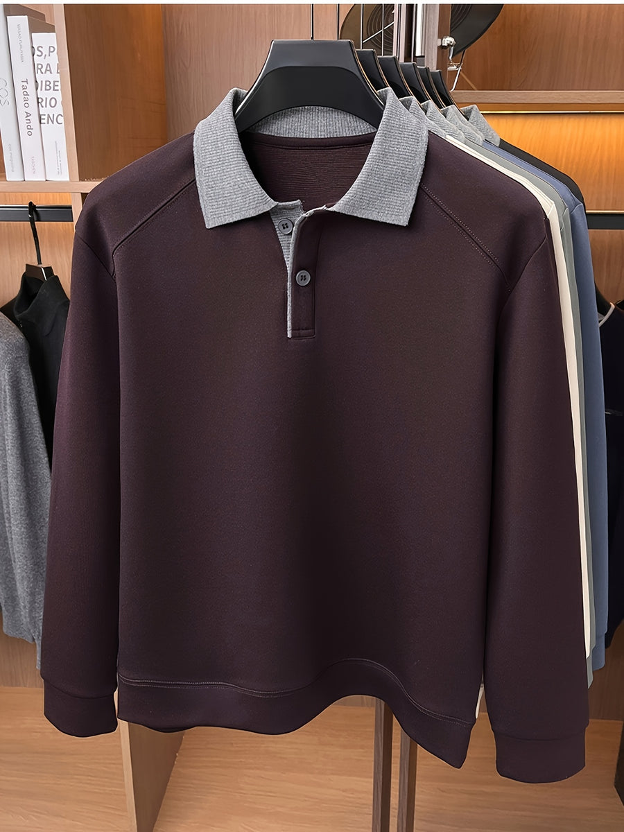 Autumn Contrast Collar Long Sleeve Polo Shirt, Men'S Drop Shoulder Knit Pullover, Spring Autumn Business Casual Base Layer Top, Loose Patchwork Collar T-Shirt, Casual Fishing Top - Reddish Brown