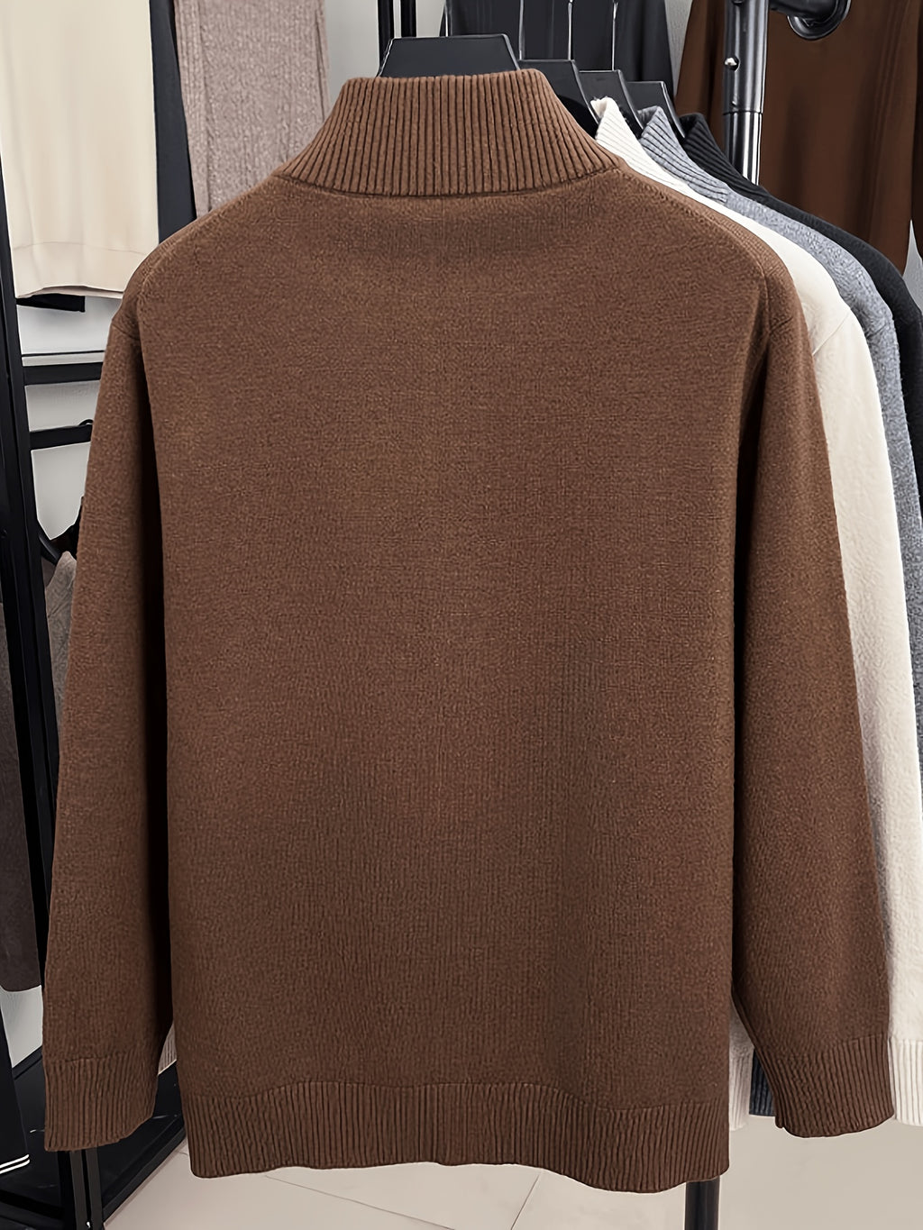 Men'S Solid Color Stand Collar Button-Up Sweater, Long Sleeve Fitted Knit Jacket, Soft Warm Blended Velvet Sweater Coat, Business Casual Daily Commute Fall Winter Outerwear, Classic Solid Color Men'S Knit Top - Mocha Brown