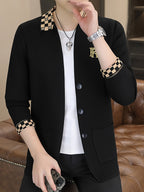 [Wading Whale OBM] Spring/Autumn New Men'S Knit Cardigan, Old Money Style Color-Block Checkered Lapel with Embroidered Logo Pocket And Button-Front Design, Men'S Business Casual Fashion Cardigan Top, Suitable for Spring, Autumn, Winter Outerwear - Black