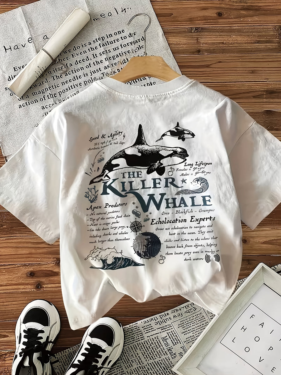 Hand-Drawn Style, Double-Sided Printed Short Sleeve Round Neck T-Shirt, Orca And Ocean Theme - White