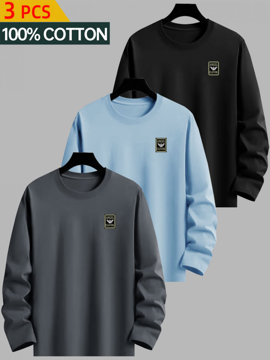 3-Pc - 100%, Men'S Long Sleeve T-Shirt for Spring And Autumn, Round Neck Undershirt Top, Creative Pattern, Comfortable Fabric, Essential for Outdoor Sports - Combination Color 3