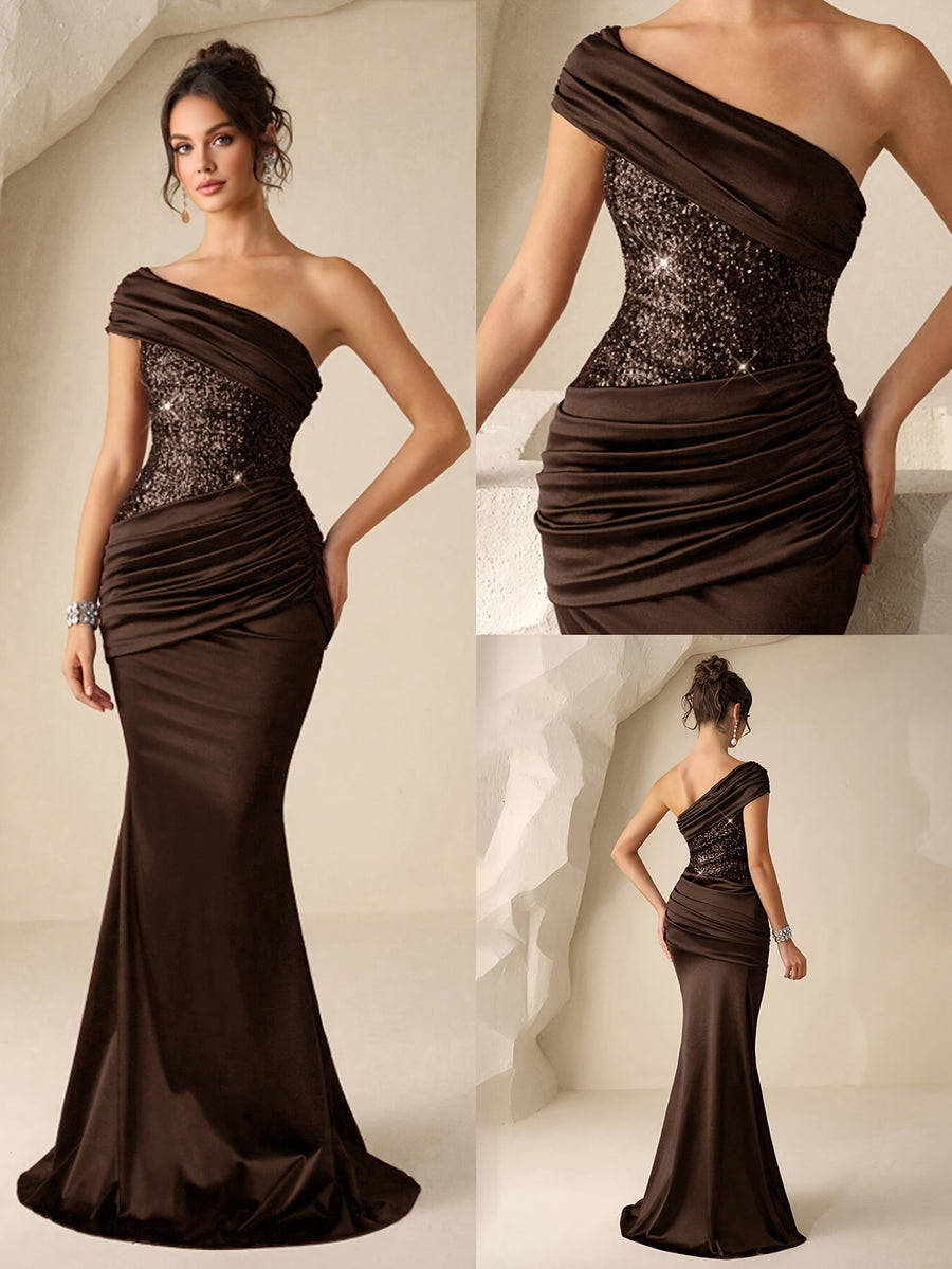 Women's Sequined Mermaid Trendy Style, Formal Evening Dress with One Shoulder, Ladies' Gorgeous and Elegant Celebration Gown, Valentine's Day Sequined Dress, for Graduation Ceremonies, Opening Ceremonies, Music Festivals, Birthday Parties - Brown