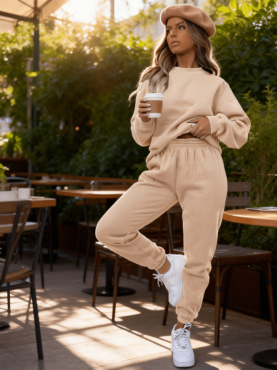 Targeted Western Fashion Casual Trendy Sweatshirt And Sweatpants Set - Wheat-colored
