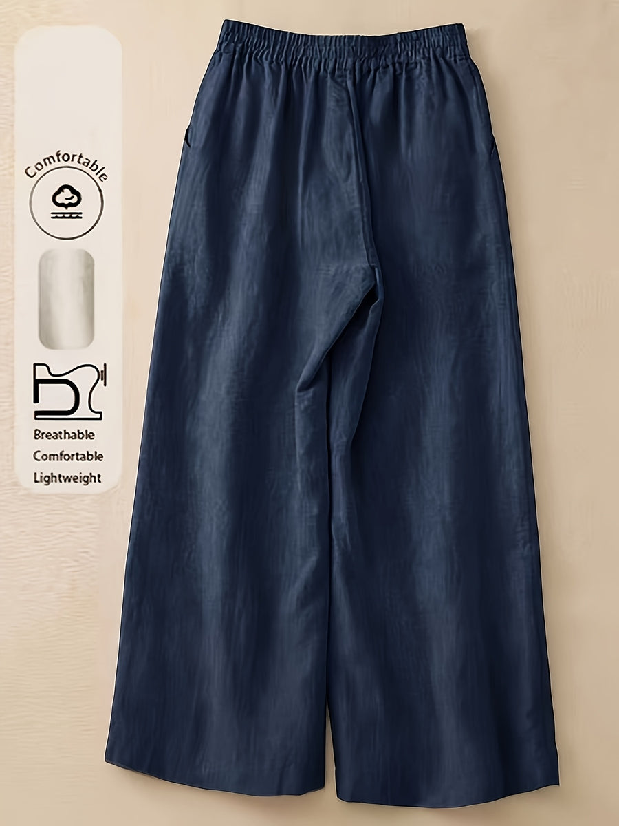 Women's Straight-Leg Ankle Pants with Button Closure & Detail - Loose-Fit Trousers Suitable for Seasons, Solid Color Casual to Dressy Wear, Machine Washable Non-Stretch Pants for Office, Everyday Outfits - Navy Color