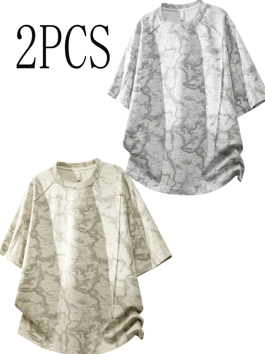 2pcs New Summer Men's Trendy Loose-Fit Streetwear Brand Student Short-Sleeve T-Shirt Top, Round Neck Short Sleeves - Light Gray Apricot