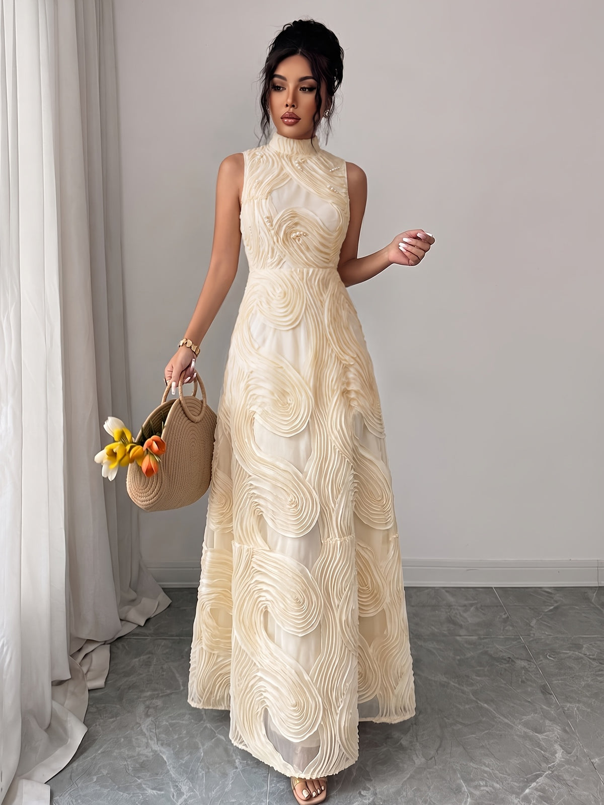 Summer New Style Stand Collar Sleeveless Elegant Evening Dress Women'S 3D Wavy Pleated Sequined Mesh Banquet Dress - Apricot