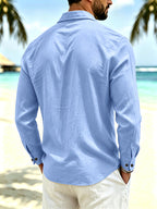 Spring/Autumn Men'S Henley Shirt Linen Long Sleeve, Comfortable And Breathable Fabric, Suitable for Daily Outings, Outdoor Sports, Travel, And Vacation, Lightweight And Breathable Regular Fit with Chest Pocket And Buttoned Cuffs, Ideal for Beach - Sky Blue
