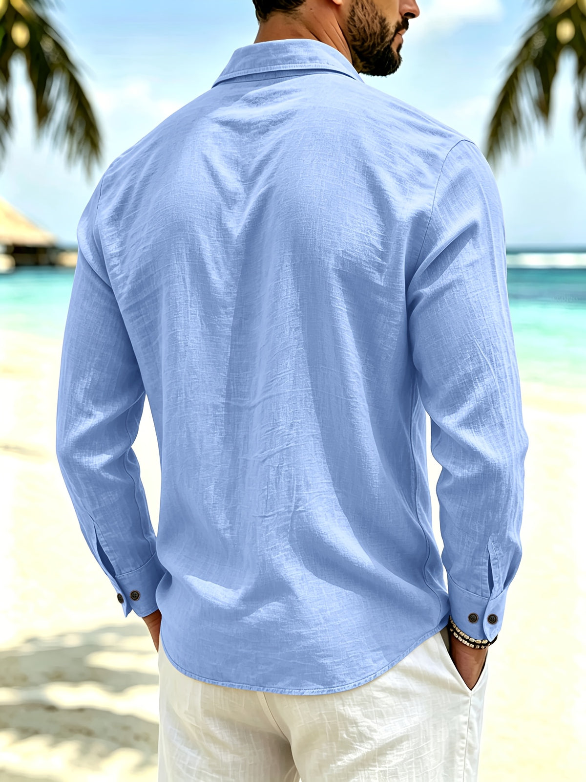Spring/Autumn Men'S Henley Shirt Linen Long Sleeve, Comfortable And Breathable Fabric, Suitable for Daily Outings, Outdoor Sports, Travel, And Vacation, Lightweight And Breathable Regular Fit with Chest Pocket And Buttoned Cuffs, Ideal for Beach - Sky Blue