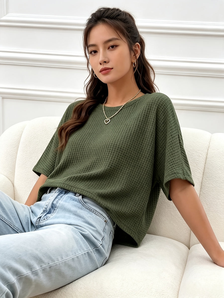 Women's Casual Loose-Fit Waffle Short Crop Crew Neck Short Sleeve T-Shirt for Daily Commuting - Military Green