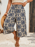 Women's High-Waist Wide-Leg Capri Pants with Elastic Waist & Drawstring - Non- Suitable for Summer Beach, Resort Style Floral Print Trousers, Machine Washable Casual Pants for Vacations, Boardwalks & Casual Attire - Apricot