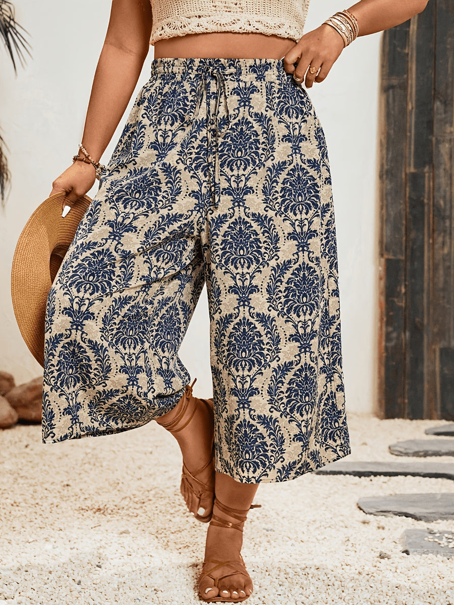 Women's High-Waist Wide-Leg Capri Pants with Elastic Waist & Drawstring - Non- Suitable for Summer Beach, Resort Style Floral Print Trousers, Machine Washable Casual Pants for Vacations, Boardwalks & Casual Attire - Apricot