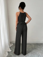 Women's Spring/Summer Casual Pleated Strappy Twist-Waist Maxi Jumpsuit - Black