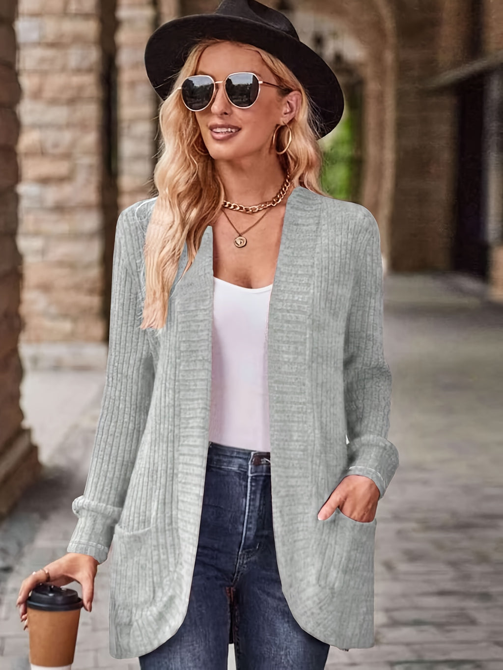 Women'S Pocket Cardigan Jacket - Light Grey