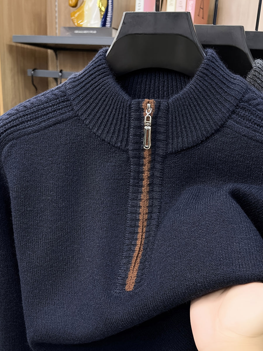 Men'S Thickened Semi-Open Zipper Stand Collar Knit Sweater, Ribbed Cuffs And Hem, Autumn/Winter Style, Single Wear And Layering, Light Mature Business Casual Style - Shangqing