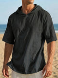 Men'S Linen Short-Sleeved Hoodie, Fashionable Men'S Top, Short-Sleeved Hoodie, Individual Trend, Comfortable And Breathable Fabric, Suitable for Outdoor Leisure, Camping, Vacation, Beach, Daily Street Wear - Black