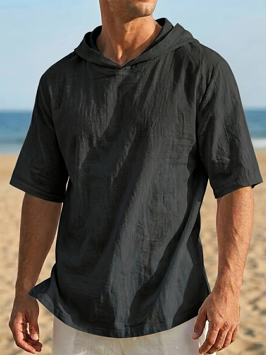 Men'S Linen Short-Sleeved Hoodie, Fashionable Men'S Top, Short-Sleeved Hoodie, Individual Trend, Comfortable And Breathable Fabric, Suitable for Outdoor Leisure, Camping, Vacation, Beach, Daily Street Wear - Black