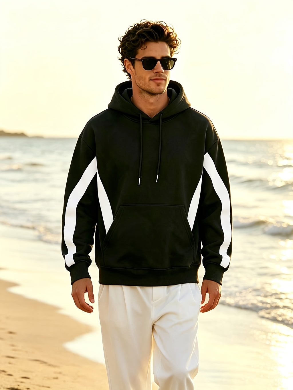 New Men'S Double Striped Hooded Sweatshirt with Loose Fit And Comfortable Pockets, Versatile And Trendy Hoodie for Daily Use - Black