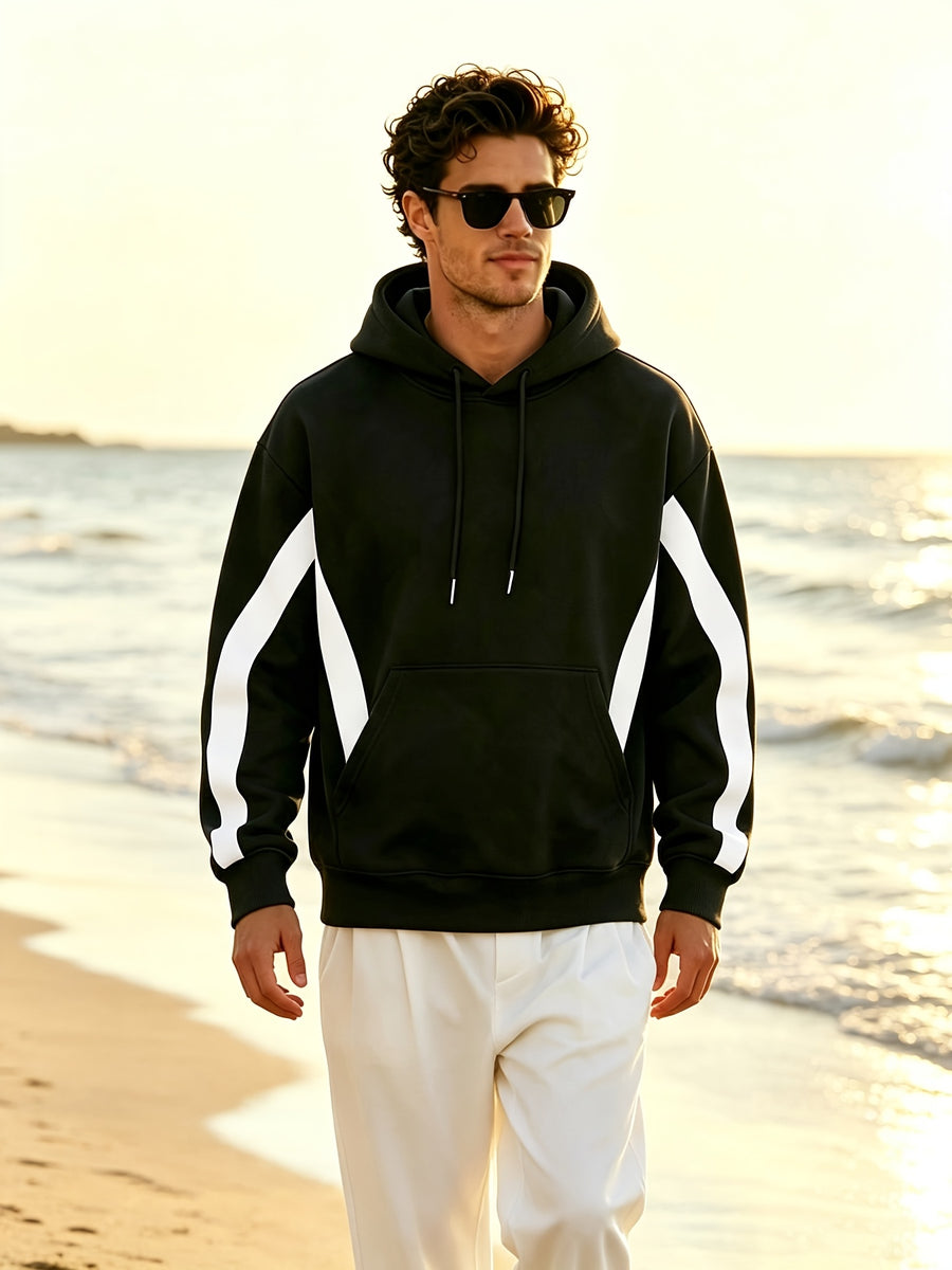 New Men'S Double Striped Hooded Sweatshirt with Loose Fit And Comfortable Pockets, Versatile And Trendy Hoodie for Daily Use - Black