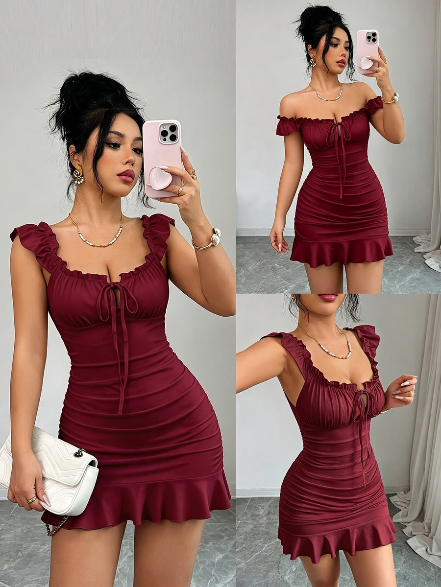Women'S Vintage Ruffled Hem Fitted A-Line Dress, Elegant Sexy French Waist-Cinching Tight Summer Dress - Burgundy