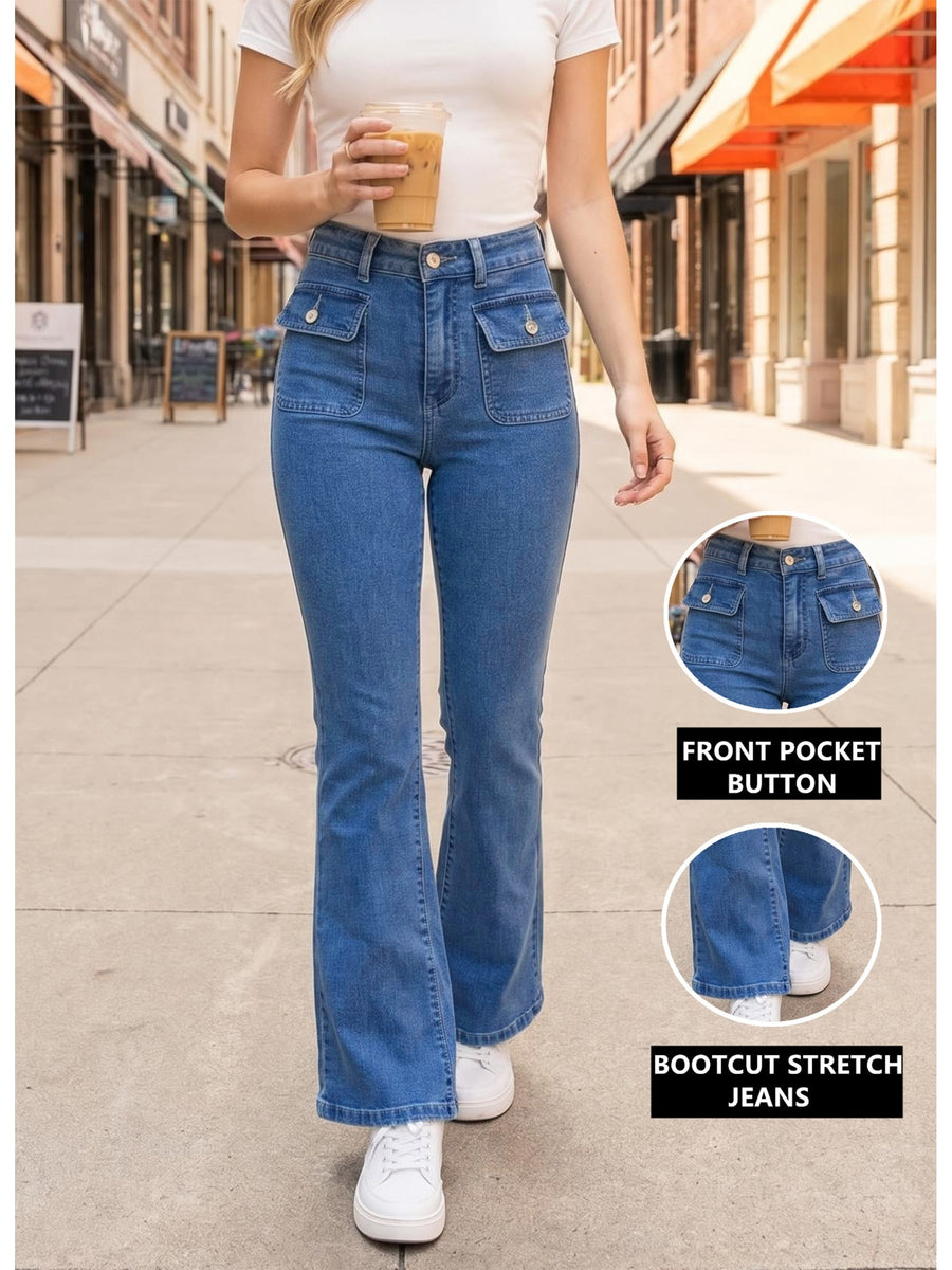 5062 1pc New Spring & Autumn Latin American Style High Waist Stretch Flare Jeans with Front Pockets, Classic Light Blue, Slim Casual & Versatile Fashion Denim Pants - Light Blue
