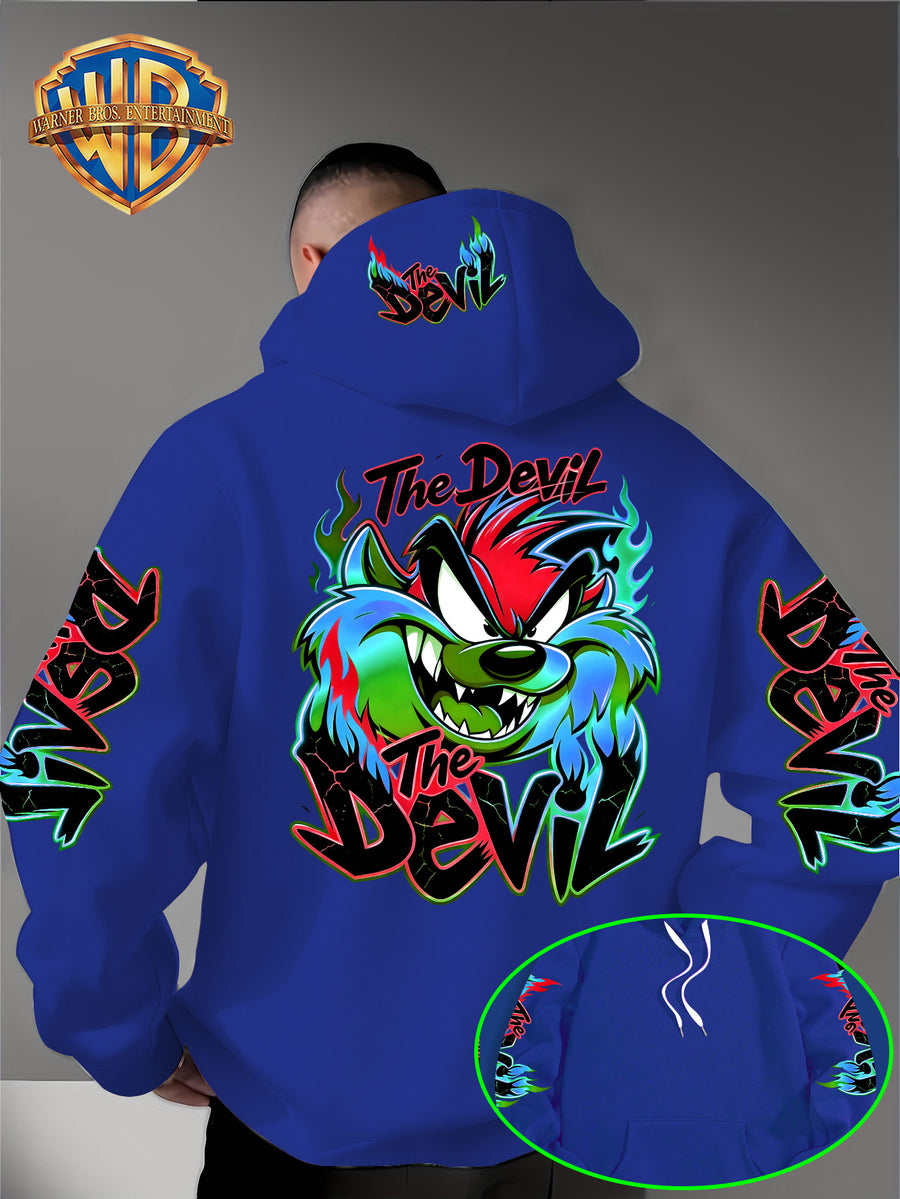 Le Yitong Flame Style Color-Block Graffiti Big Mouth Monster The Devil Print Hoodie, with Sleeve Print Design, Kangaroo Pouch And Drawstring Hood, Suitable for Autumn/Winter Casual Wear And Outdoor Activities - Blue