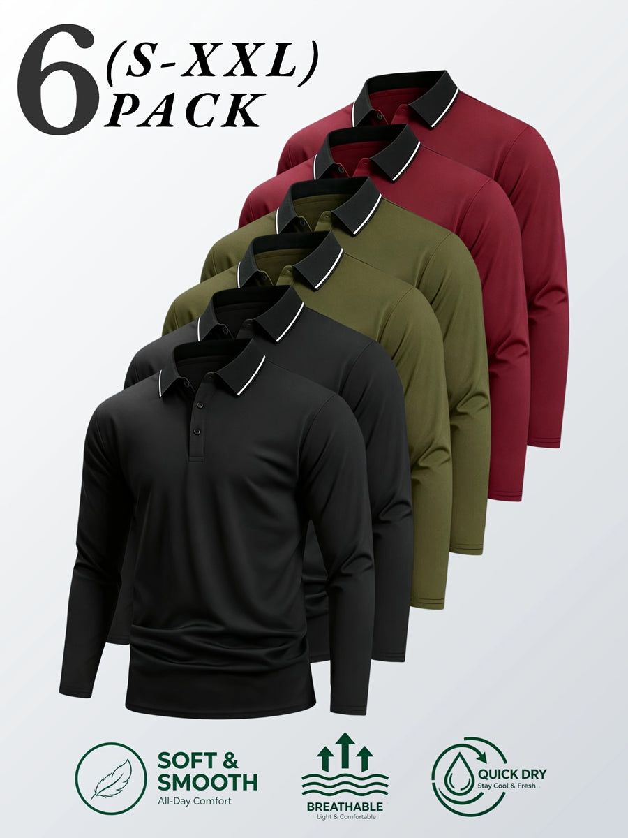 6pcs/Set Striped Lapel Long Sleeve Casual Sports Mesh Quick-Dry Breathable Comfortable POLO Shirt Basic Solid Color - 2 black + 2 green + 2 red