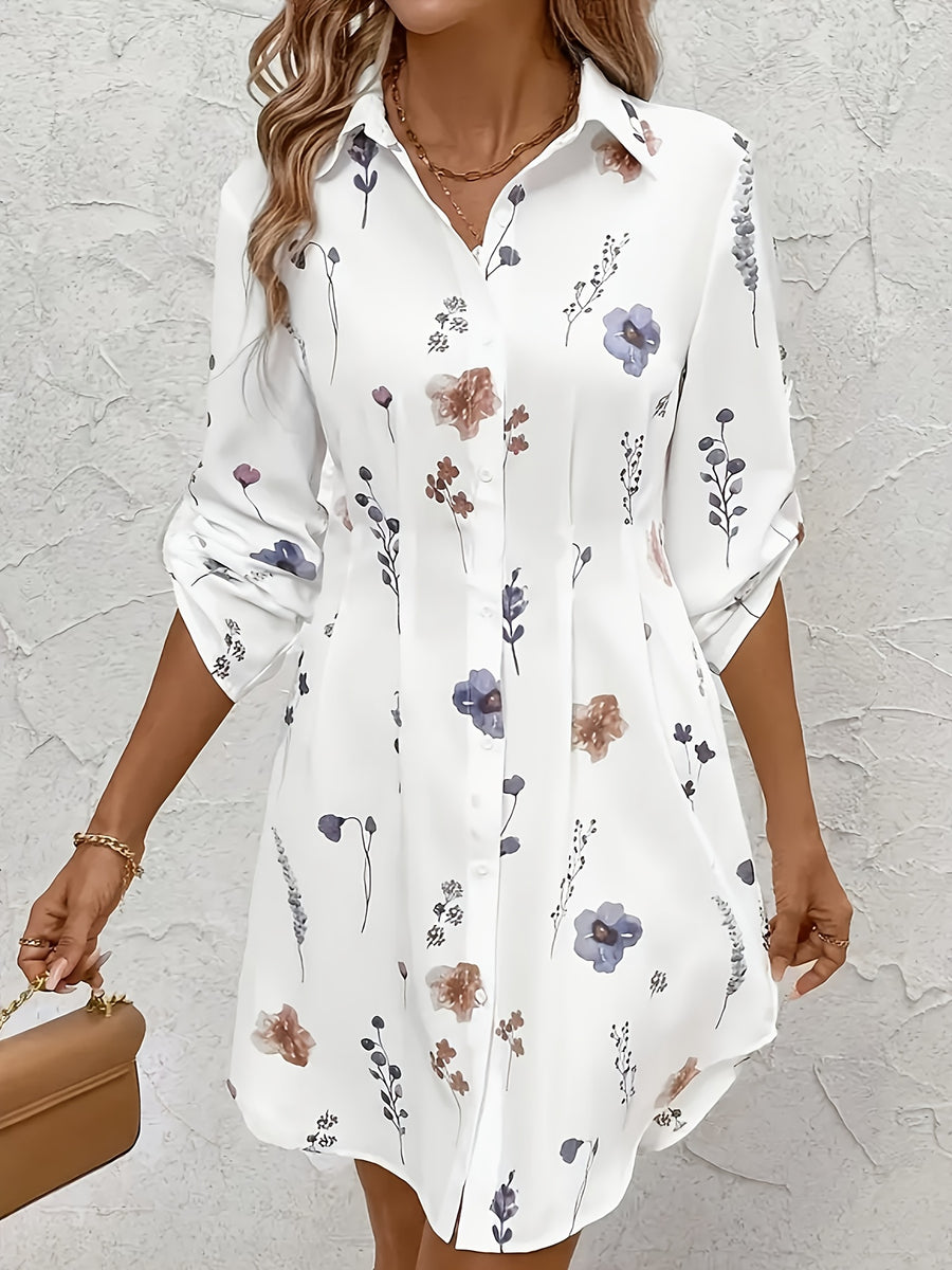 Elegant Dress, Elegant Fresh Vacation Style Small Floral Print Blouse Dress - White