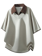 Men'S Summer Lapel Built-In Faux Two-Piece V-Neck, Cuffed Sleeves, Unisex Off-Shoulder Loose Curved Hem Drapey Short Sleeve T-Shirt - Khaki