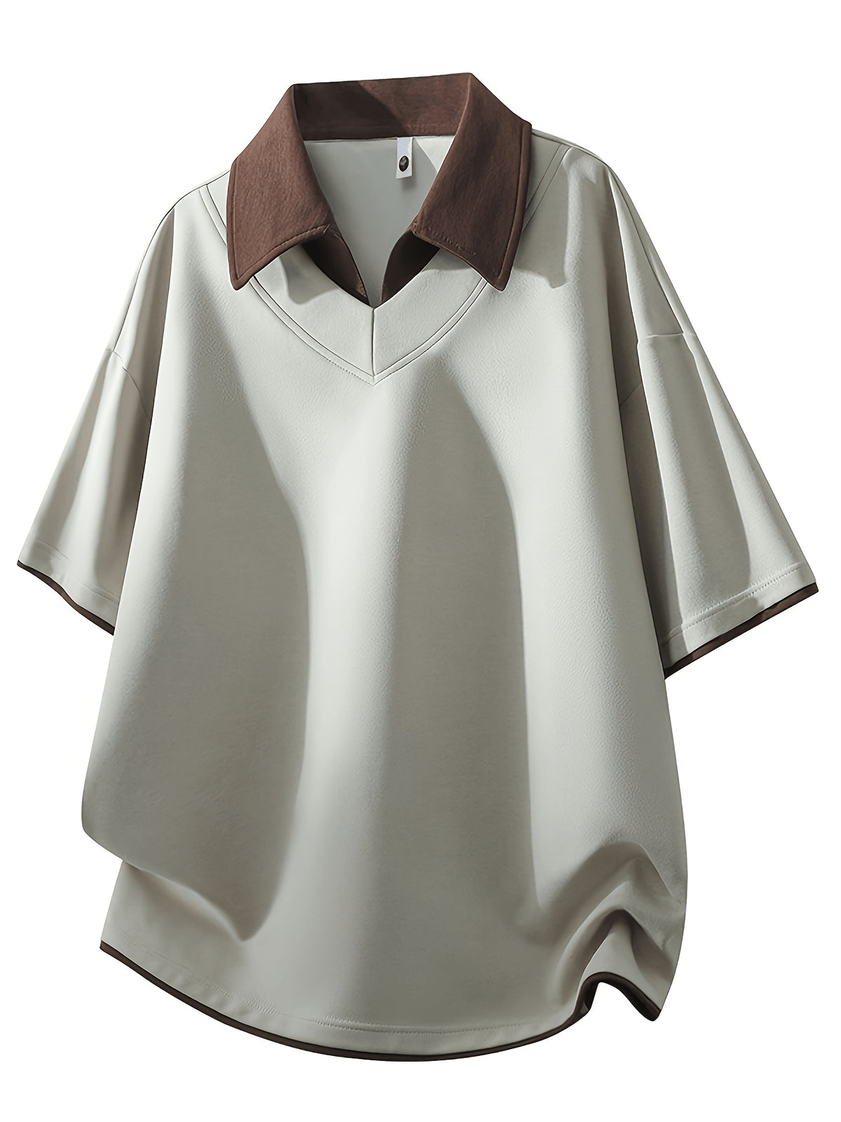 Men'S Summer Lapel Built-In Faux Two-Piece V-Neck, Cuffed Sleeves, Unisex Off-Shoulder Loose Curved Hem Drapey Short Sleeve T-Shirt - Khaki