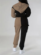 Fashion Women'S Clothing, Color-Block Hooded Casual Set - Black And Brown