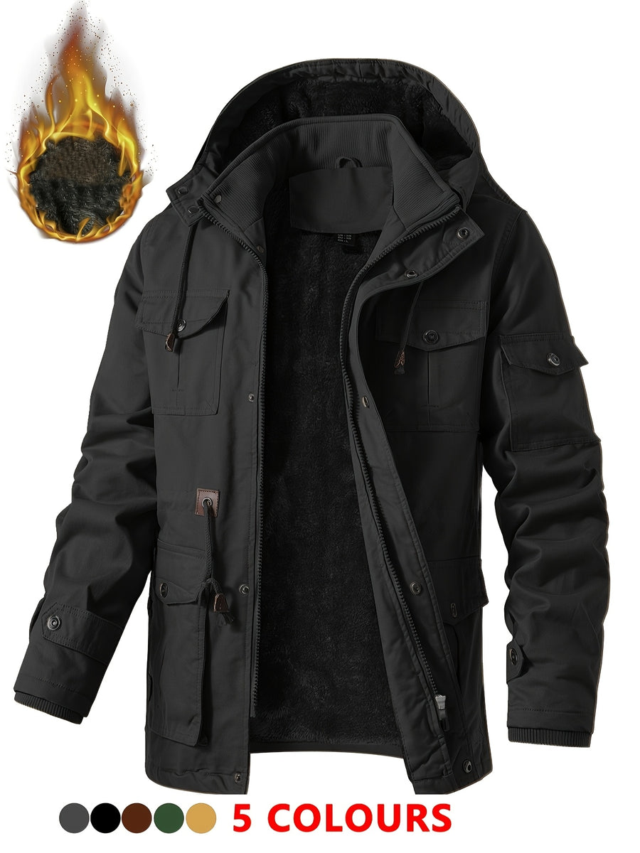 Men'S Heavyweight Winter Jacket Thickened Casual Cargo Detachable Hood Bomber Jacket Stand Collar Zipper Multi-Pockets Warm Coat Thickened Jacket Peacoat - Black