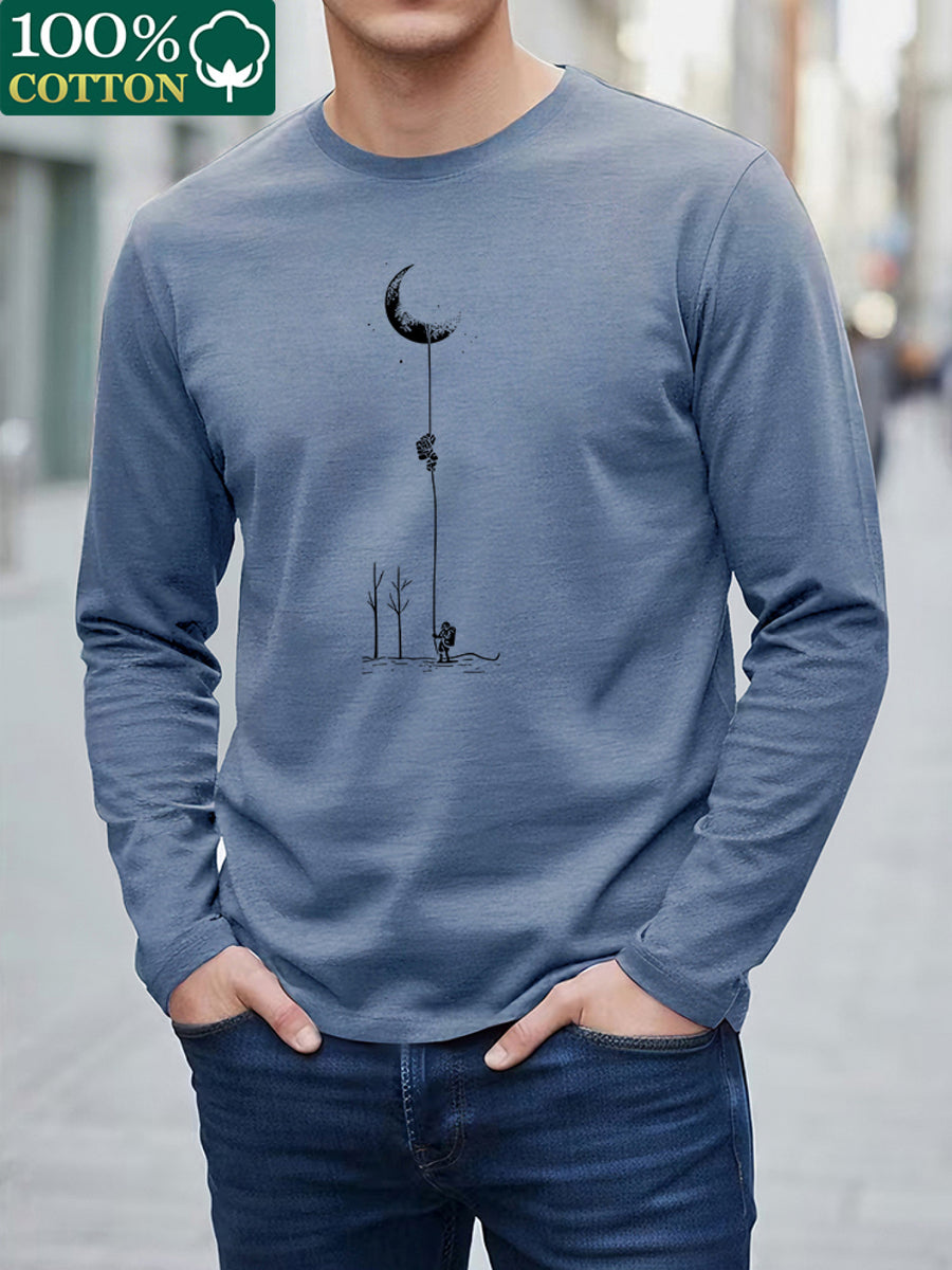 100% Cotton Men's Long-sleeve T-shirt, Featuring Trendy Printed Patterns, Comfortable and Breathable for All-season Wear, an Essential for Casual Outings, and Machine Washable - Sky Blue