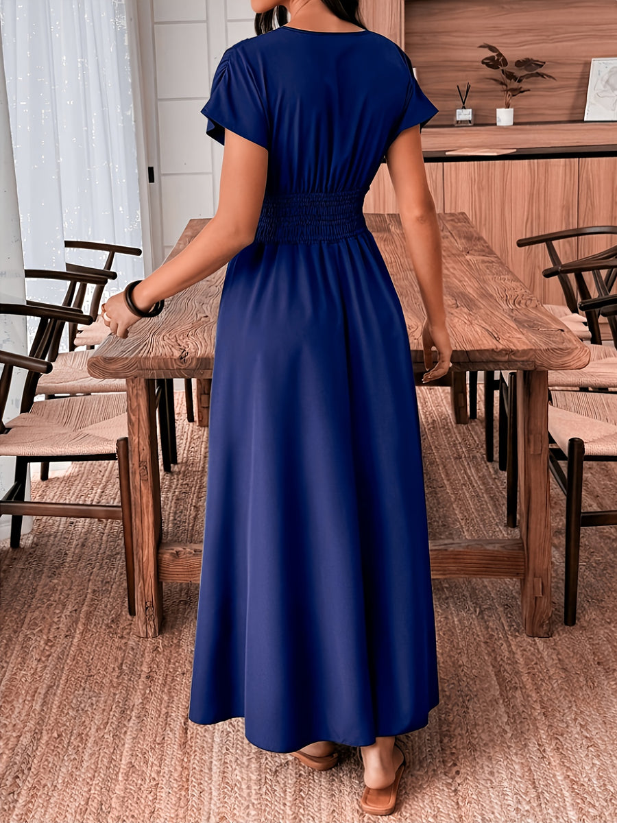 Women'S Fashionable Exquisite Daily Commute Attire Women'S Elegant Solid Color A-Line Short Sleeve Dress Sexy Deep V-Neck Waist-Cinching Waist Smocked Slit Design Bridesmaid Dress Women'S - Blue